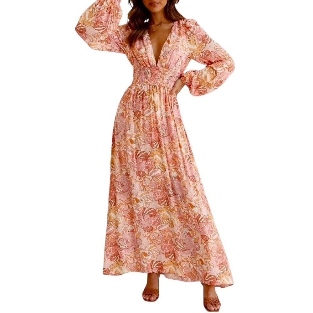 Pearl and Sea Pink Floral Open Back Charley Maxi Dress Size 6 Long Sleeves NWT